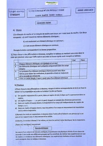 Sujet de Physique-Chimie Seconde C Lycée Classique Abidjan 2022-2023