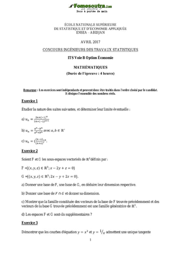 Sujet et Corrigé Maths ITS B option Economie 2017 (ENSEA)