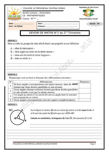 DEVOIR de classe 4ème N° 2 deuxieme Trim Collège provincial novembre 2023 by Tehua