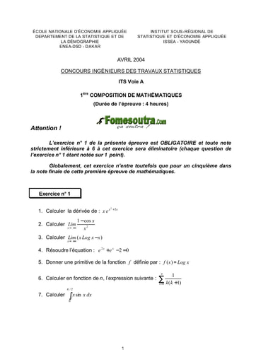 Sujet 1ère épreuve de maths ITS A 2004 (ENSAE - ISSEA)