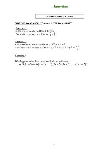 COURS DE VACANCES MATHS 3IEME SUJET 1 (CALCUL LITTERAL)