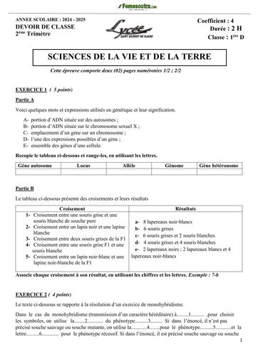 DEVOIR DE CLASSE SVT 1iere D TRIMESTRE 2 2025 BY TEHUA