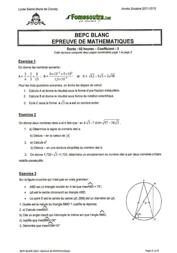 Sujet de Maths BEPC blanc 2012 Lycée Sainte Marie de Cocody