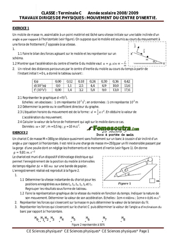 Sujet  (1) Mouvement d'un centre d'inertie - Physique Terminale C