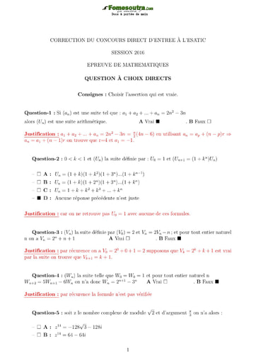 Sujet corrigé de Mathématiques Concours direct d’entrée à l'ESATIC session 2016