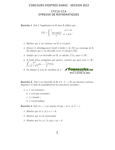 Sujet de Maths Concours EAMAC cycle Contrôleur de la circulation session 2013