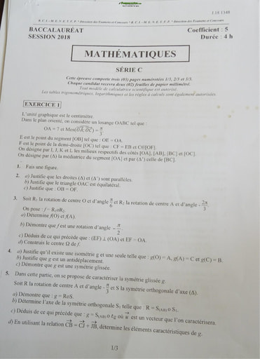 Sujet corrigé et barème de Maths BAC C 2018