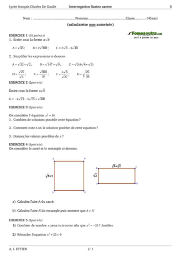 Interrogation (5) Racine carrée -  maths 3eme