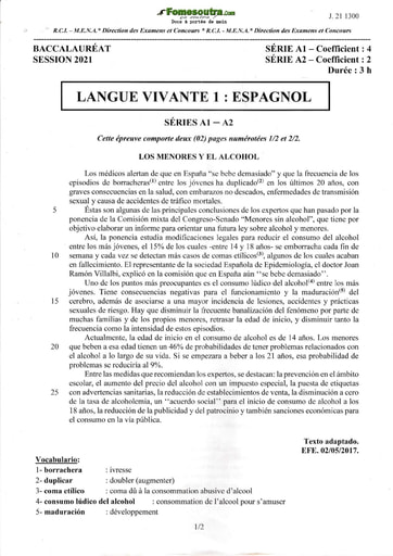 Sujet corrigé et barème d'Espagnol LV1 BAC A1 et A2 2021