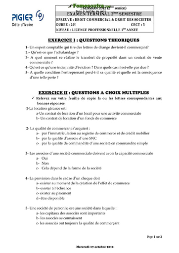 Sujet Droit commercial et droit des sociétés - Licence professionnelle - PIGIER