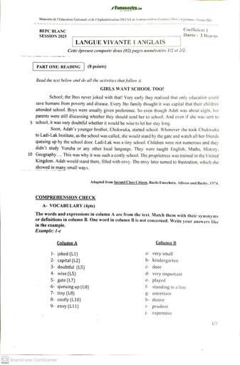 SUJET BEPC BLANC 2025 ANGLAIS LV1 REGIONAL DRENA YAMOUSSOUKRO FEVRIER 2025 BY TEHUA