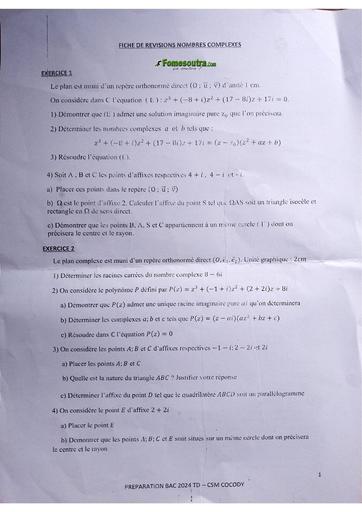 Fiche de Prepa Bac 2024 Nombres complexes Maths Tle C&D by Tehua