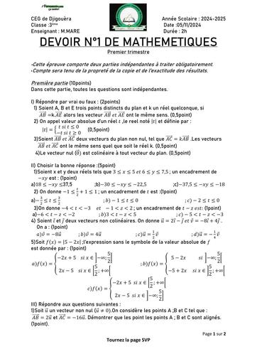 DEVOIR DE MATHS NIVEAU 3ième CEG de DJIGOUERA 2026 N°1 BY TEHUA