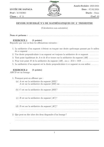 DEVOIR DE MATHS  NIVEAU 6ième A LYCEE DE SAPAGA 2024 N°2 2024 BY TEHUA