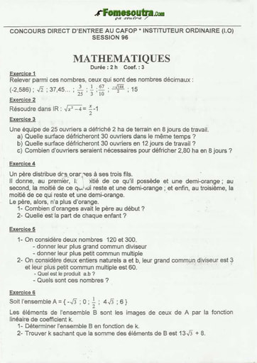 Sujet de Maths CAFOP 1996