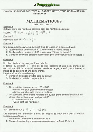 Sujet de Maths CAFOP 1996