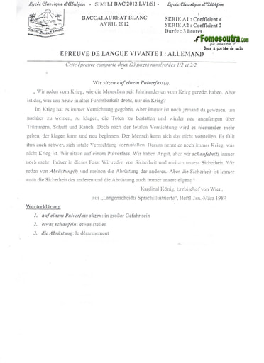 Sujet d'Allemand BAC blanc 2012 série A1 et A2 Lycée Classique d'Abidjan