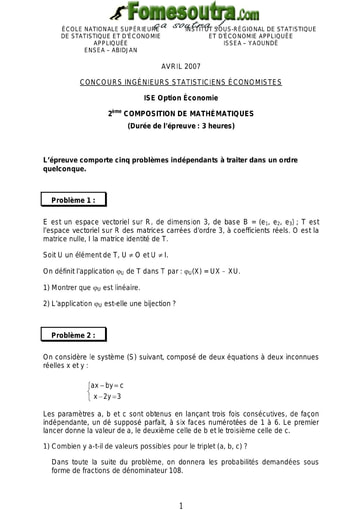 Sujet 2ème épreuve de maths ISE option économie 2007 (ENSEA - ISSEA)