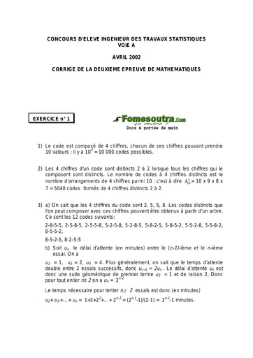 Corrigé 2ème épreuve de maths ITS A 2002 (ENSEA - ENSAE - ISSEA)