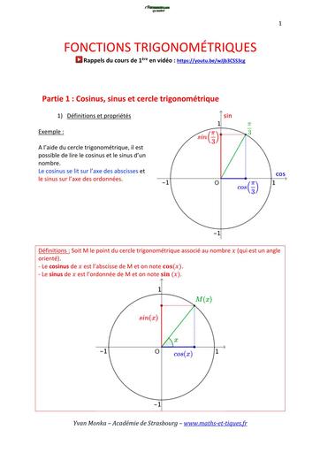 COURS MATHS FONCTIONS TRIGO AVEC EXO CORRIGES BY TEHUA