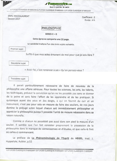 Sujet de Philosophie BAC blanc serie C et D 2017 - Lycée Classique d'Abidjan