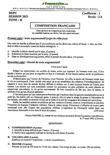 Sujet de Composition Française BEPC 2021 Zone 2