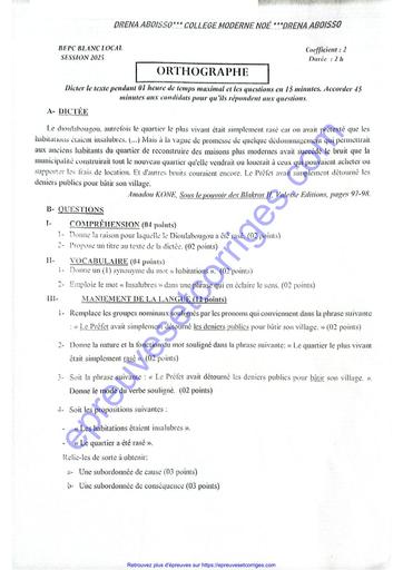 SUJET ET CORRIGÉ BEPC BLANC 2025 ORTHOGRAPHE DQ DRENA ABOISSO BY TEHUA