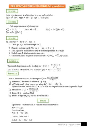 Fiche Travaux dirigés 2nde C fonctions poly et Rationnelles by TEHUA