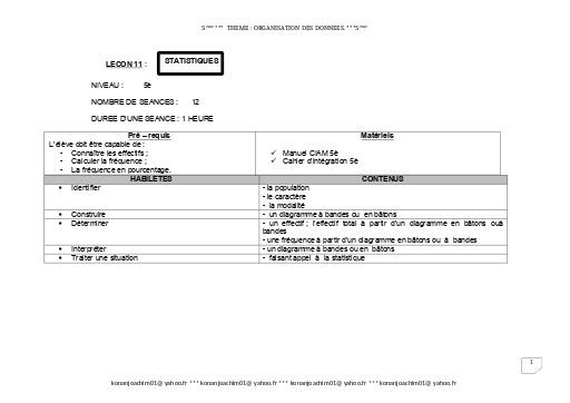 Fiche de cours Maths 5ième Leçon 11 Statistiques by TEHUA