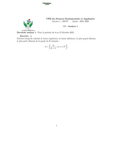 MATHS SUP DEVOIR UFR SFA MATHS INFO UE ANALYSE 1 LICENCE 1 MIPC BY TEHUA