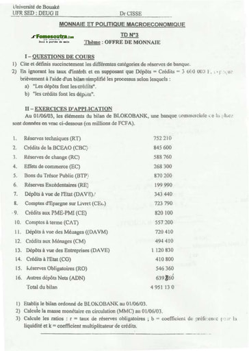 TD (2) Monnaie et Politique Microéconomique - DEUG II - UFR SED - Université de Bouaké