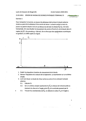 Devoir de Physique Chimie Terminale D - Lycée Garçons de Bingerville