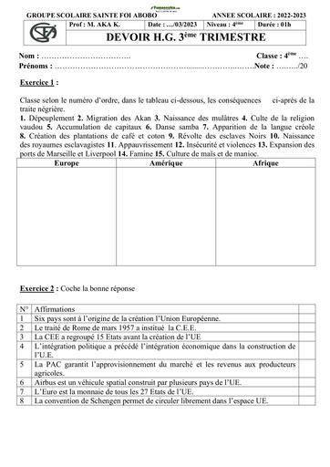 Devoir Histoire-Géographie Niveau 4ème Collège Sainte Foi 22-23