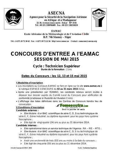 Avis de Concours EAMAC session mai 2015 – Cycle Technicien Supérieur