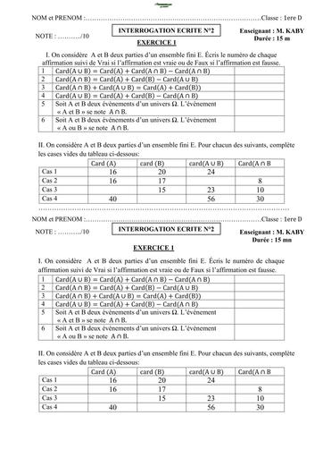 INTERROGATION EGRITE N°2 MATHS 1ière D DENOMBREMENT BY TEHUA