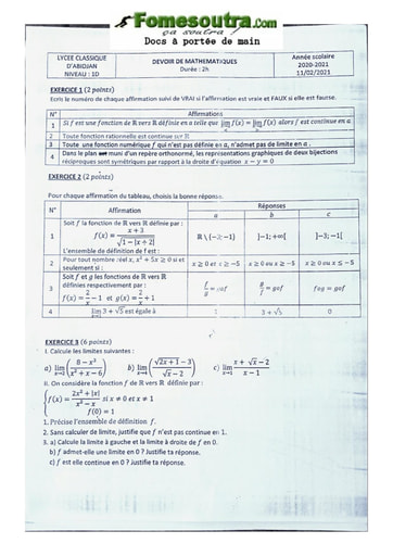 Sujet de Mathématiques  Première D Lycée Classique d'Abidjan