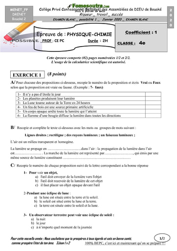 Sujet de Physique-Chimie niveau 4ème - Collège Privé Confessionnel Betsaleel des Assemblées de DIEU de Bouaké