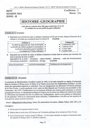 BEPC 2024 HISTOIRE GEOGRAPHIE + barème ZONE 2 by Tehua