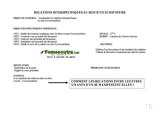 Relations interspécifiques au sein d'un Ecosystème - SVT 2ndC