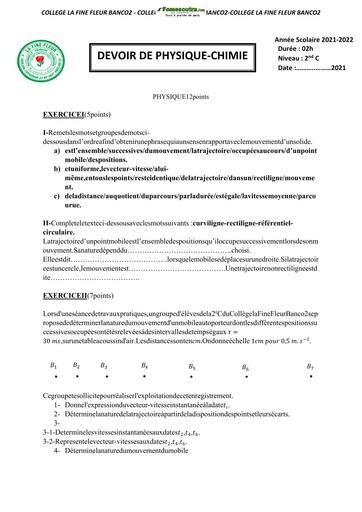 DEVOIR DE CLASSE 2nde C (Collège la Fine Fleur Banco2) 2021