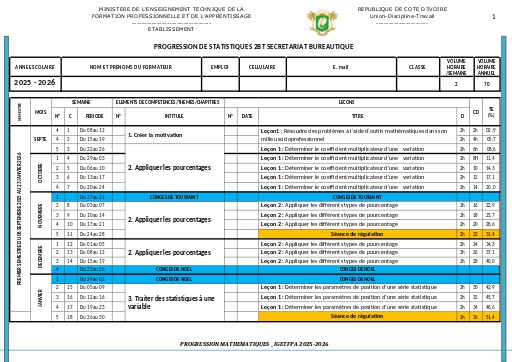Progression STATISTIQUES 2 BT SEC BUREAUTIQUE 2025 by Tehua
