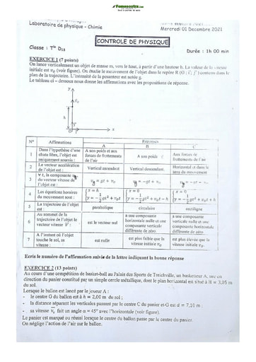 Sujet de Physique-Chimie Terminale D 2021-2022 Lycée Classique Abidjan