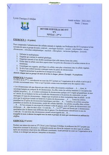 Sujets de SVT niveau Seconde C Lycée Classique Abidjan 2022-2023