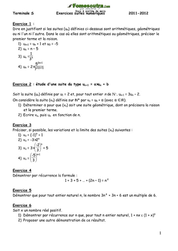 Exercices corrigés de suites numeriques niveau Terminale