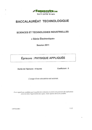 Sujet de Physique Appliquée - BAC Génie Électronique 2011