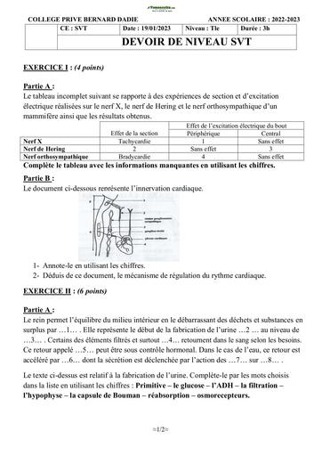 Devoir SVT Terminale D Groupe scolaire Sainte Foi Abidjan 2022-2023