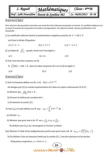 Devoir Corrigé de Synthèse N°2 Avec correction Math Bac Mathématiques by Tehua