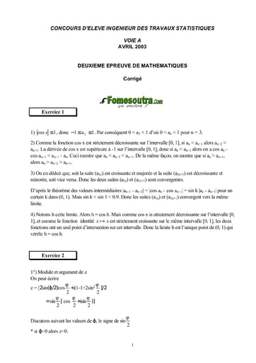 Corrigé 2ème épreuve de maths ITS A 2003 (ENSEA - ENSAE - ISSEA)