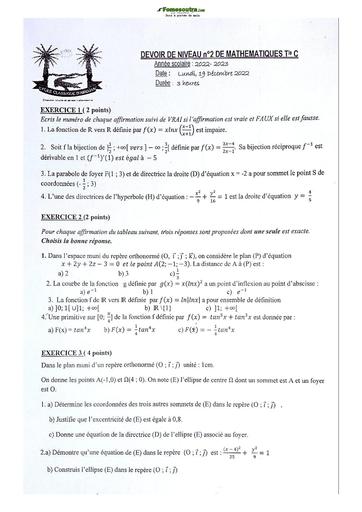 Sujets de Mathématique série C Lycée Classique d'Abidjan 2023