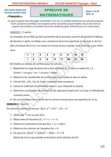 EPREUVE BAC BLANC 2023 MATHEMATIQUES SERIE B COLLEGE MONAJOCE YOPOUGON COTE D'IVOIRE